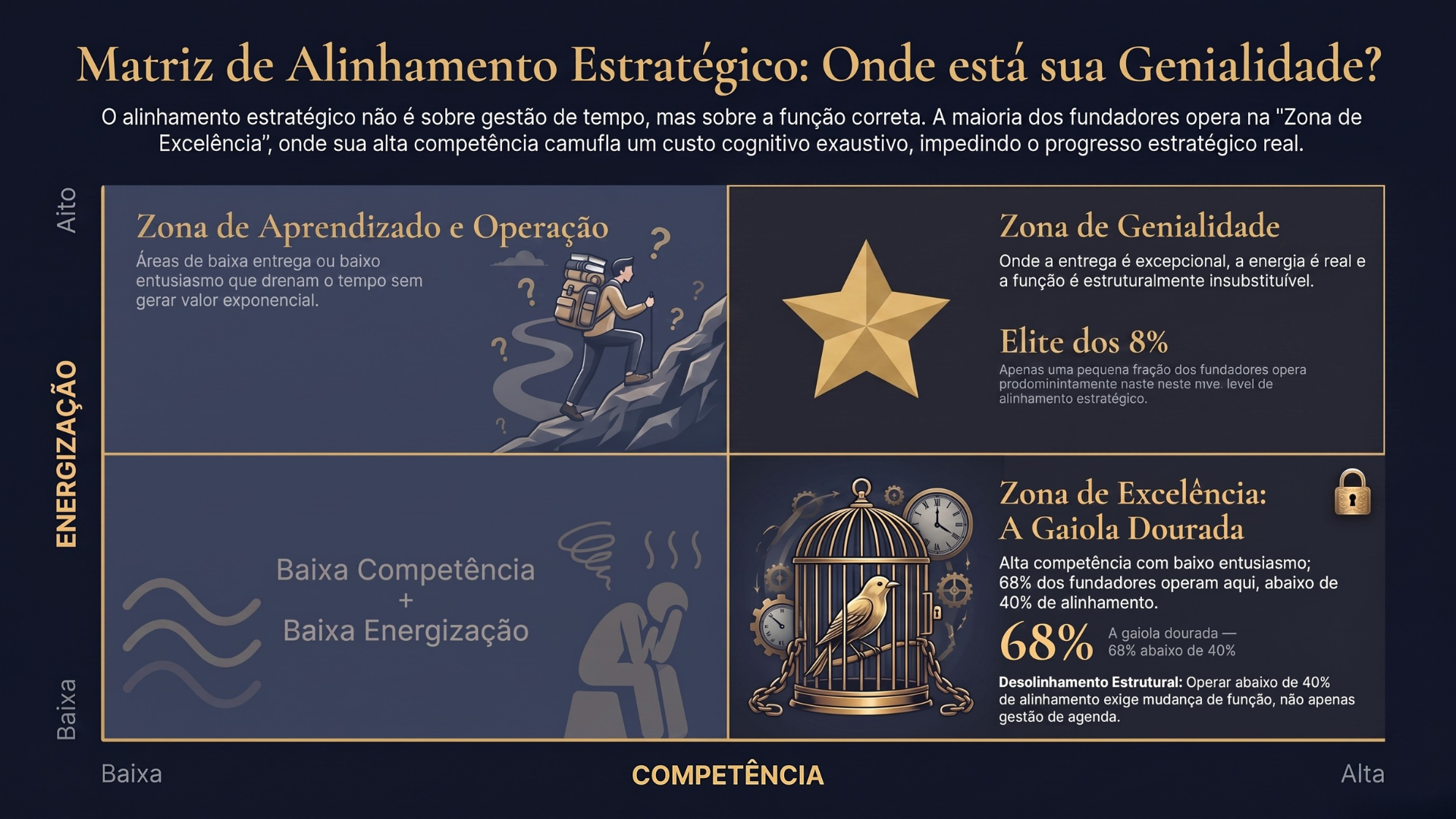 Matriz 2x2 Competência vs Energização mostrando as quatro zonas — Genialidade, Excelência, Aprendizado e Operação — com Zona de Genialidade destacada como zona-alvo e Zona de Excelência marcada como a gaiola dourada onde 68% dos fundadores operam abaixo de 40% de alinhamento